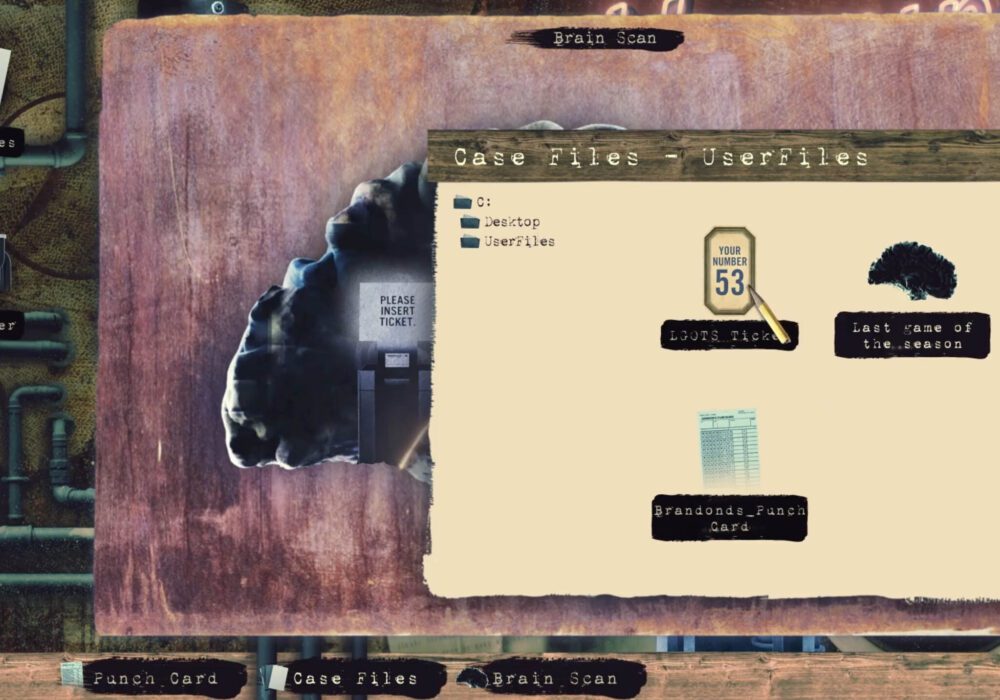 A screenshot from the game The Archive. It shows a computer's desktop with an open folder with three files that can be selected.