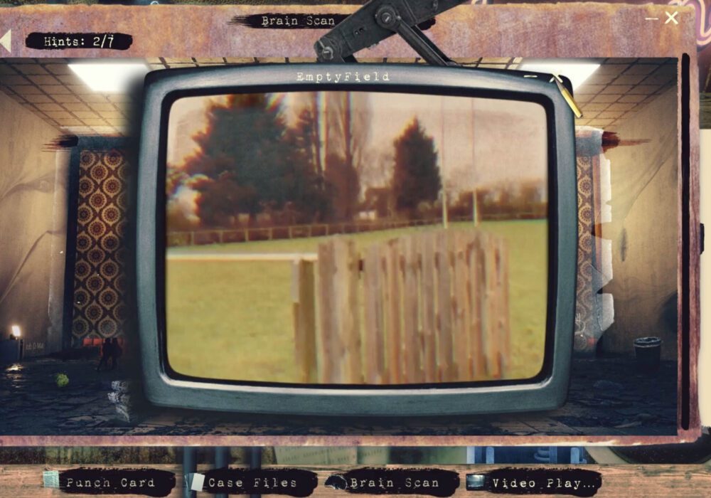A screenshot from the game The Archive. It shows a computer desktop with an open file that presents the player with a video of a rugby pitch.